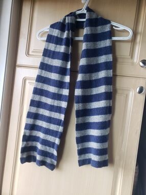 Merino Wool Cashmere Silk Blend  Striped Knit Scarf in Navy and Light Gray
